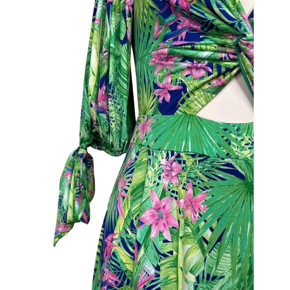 Tropical Palm Print Resort Maxi Dress Beach Cover Up Twist Front Size Large - Picture 4 of 11